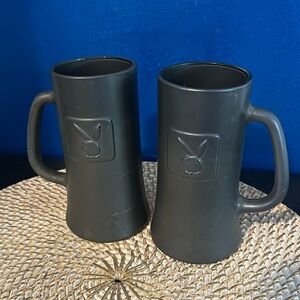 Vintage 1970’s Matte Black Playboy Beer Mugs 6.5” Tall 3” Top Diameter